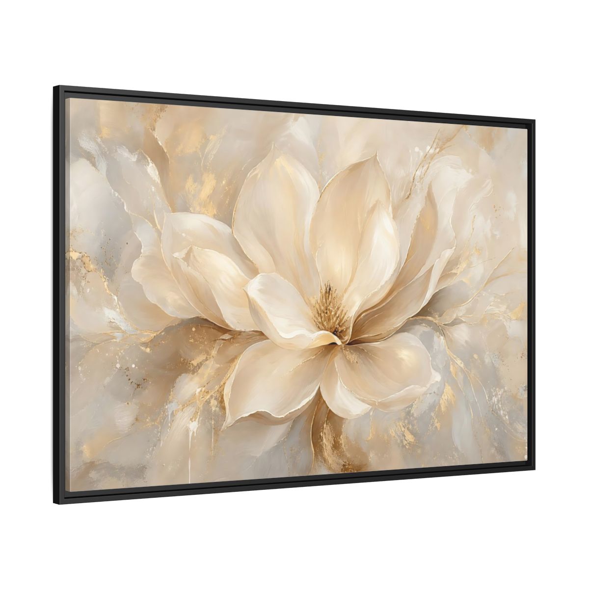 Side Mockup 12. Floral Magnolia Flower Cream Gold Floral shown as stretched canvas wall art