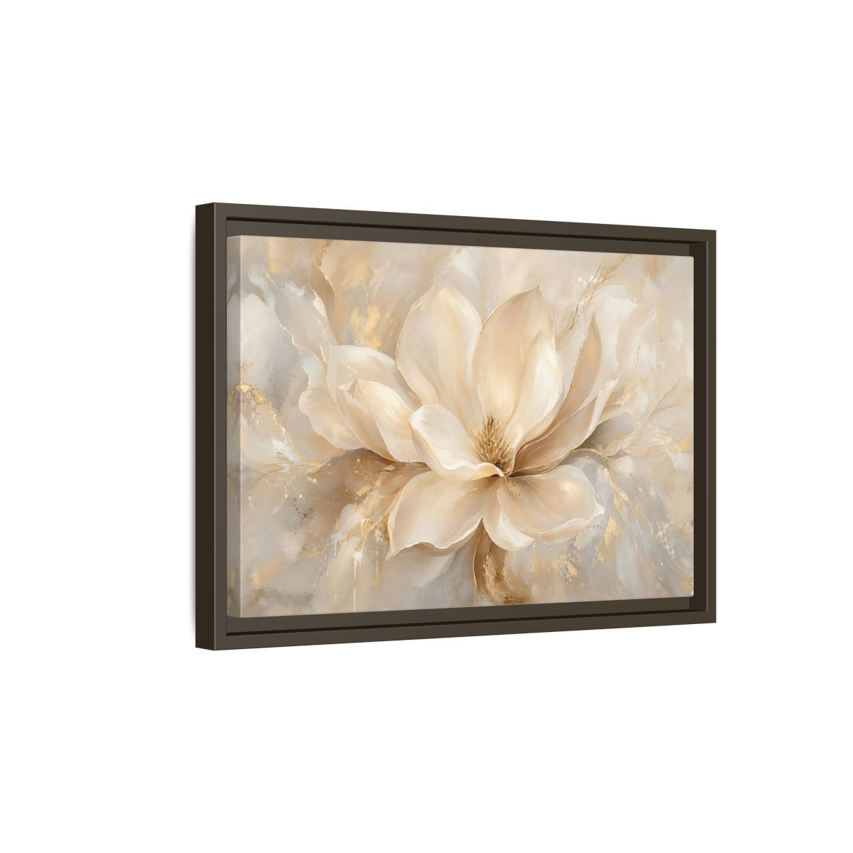 Side Mockup 5. Floral Magnolia Flower Cream Gold Floral shown as stretched canvas wall art