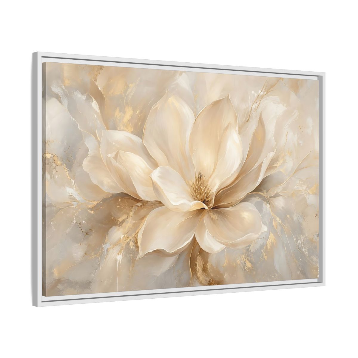 Side Mockup 9. Floral Magnolia Flower Cream Gold Floral shown as stretched canvas wall art