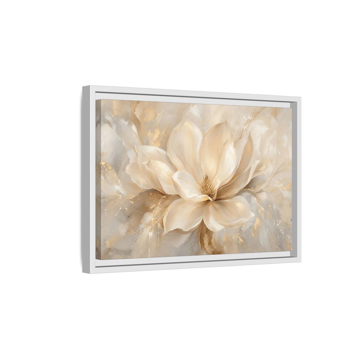 Side Mockup 4. Floral Magnolia Flower Cream Gold Floral shown as stretched canvas wall art