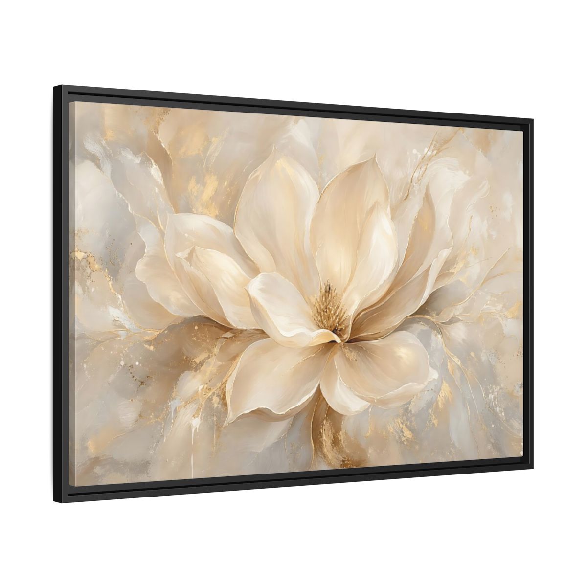 Side Mockup 13. Floral Magnolia Flower Cream Gold Floral shown as stretched canvas wall art