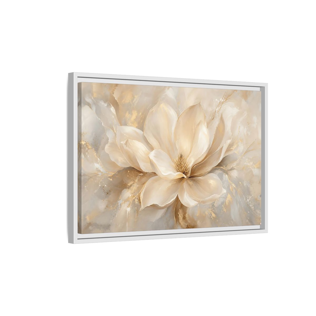 Side Mockup 1. Floral Magnolia Flower Cream Gold Floral shown as stretched canvas wall art