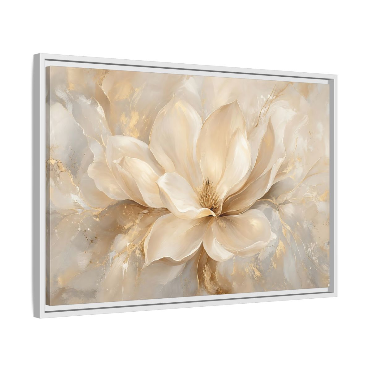 Side Mockup 10. Floral Magnolia Flower Cream Gold Floral shown as stretched canvas wall art