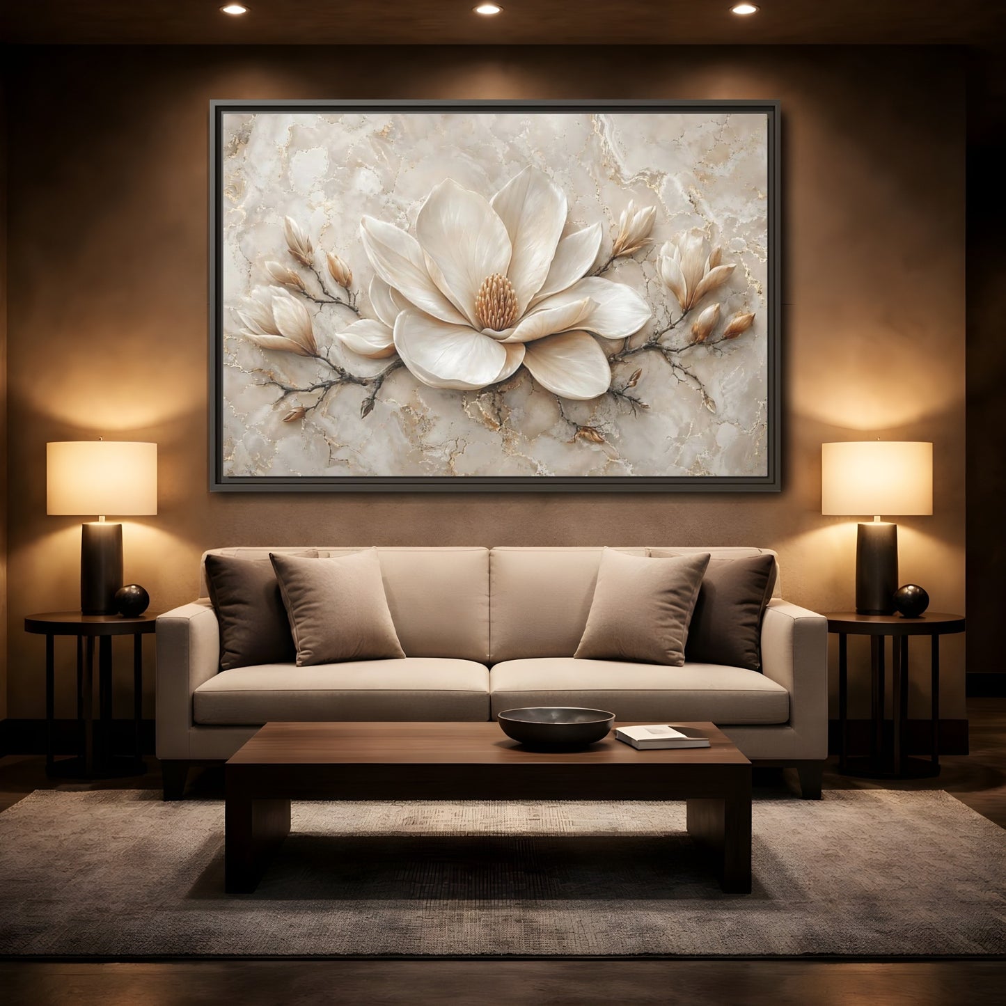 Mockup 2. Floral Magnolia Flower Cream Magnolia shown as stretched canvas wall art