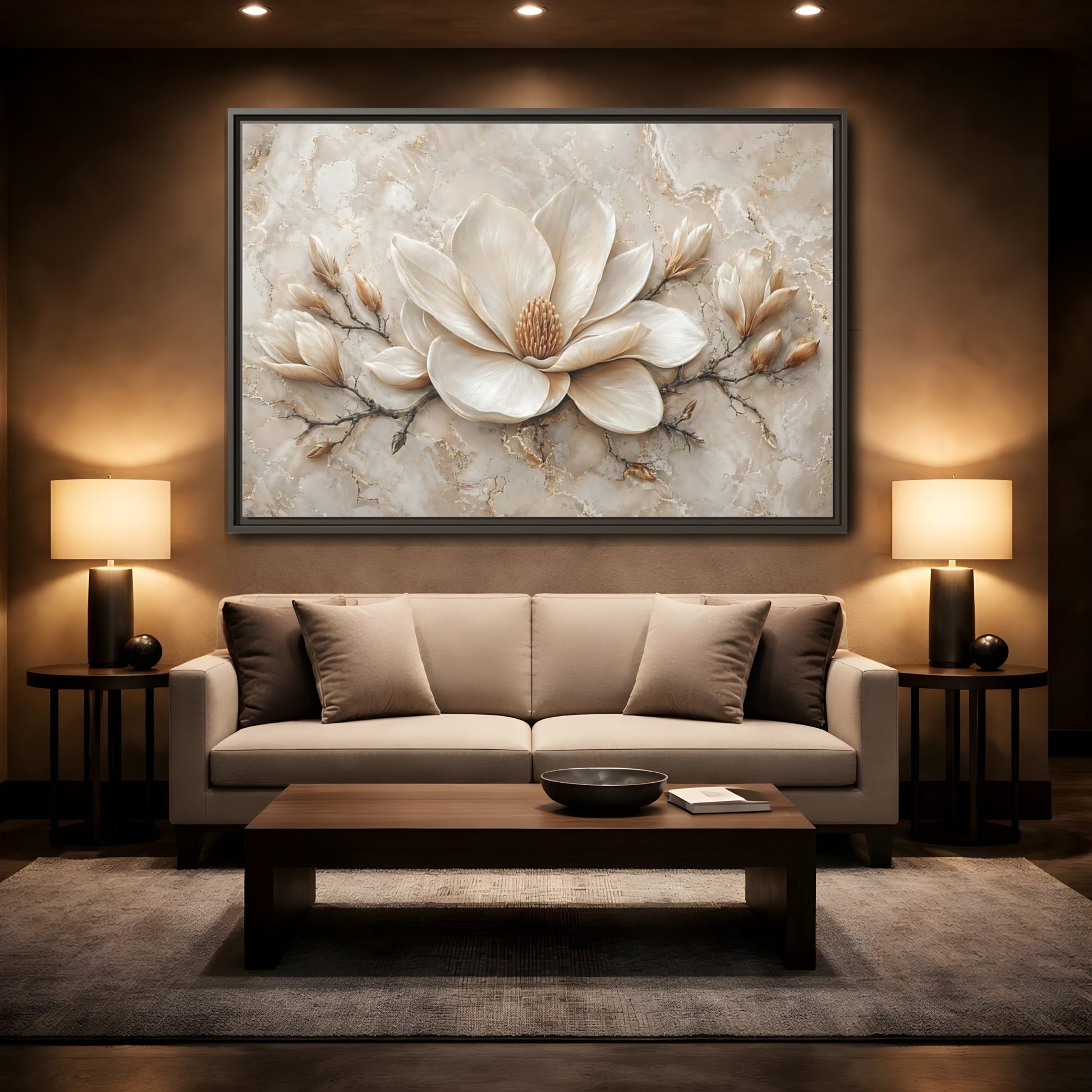 Mockup 2. Floral Magnolia Flower Cream Magnolia shown as stretched canvas wall art