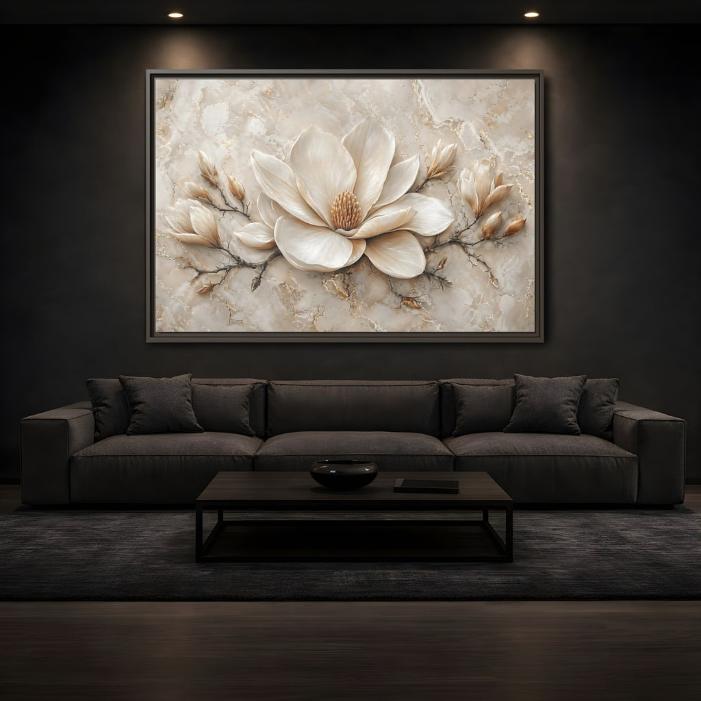 Mockup 3. Floral Magnolia Flower Cream Magnolia shown as stretched canvas wall art