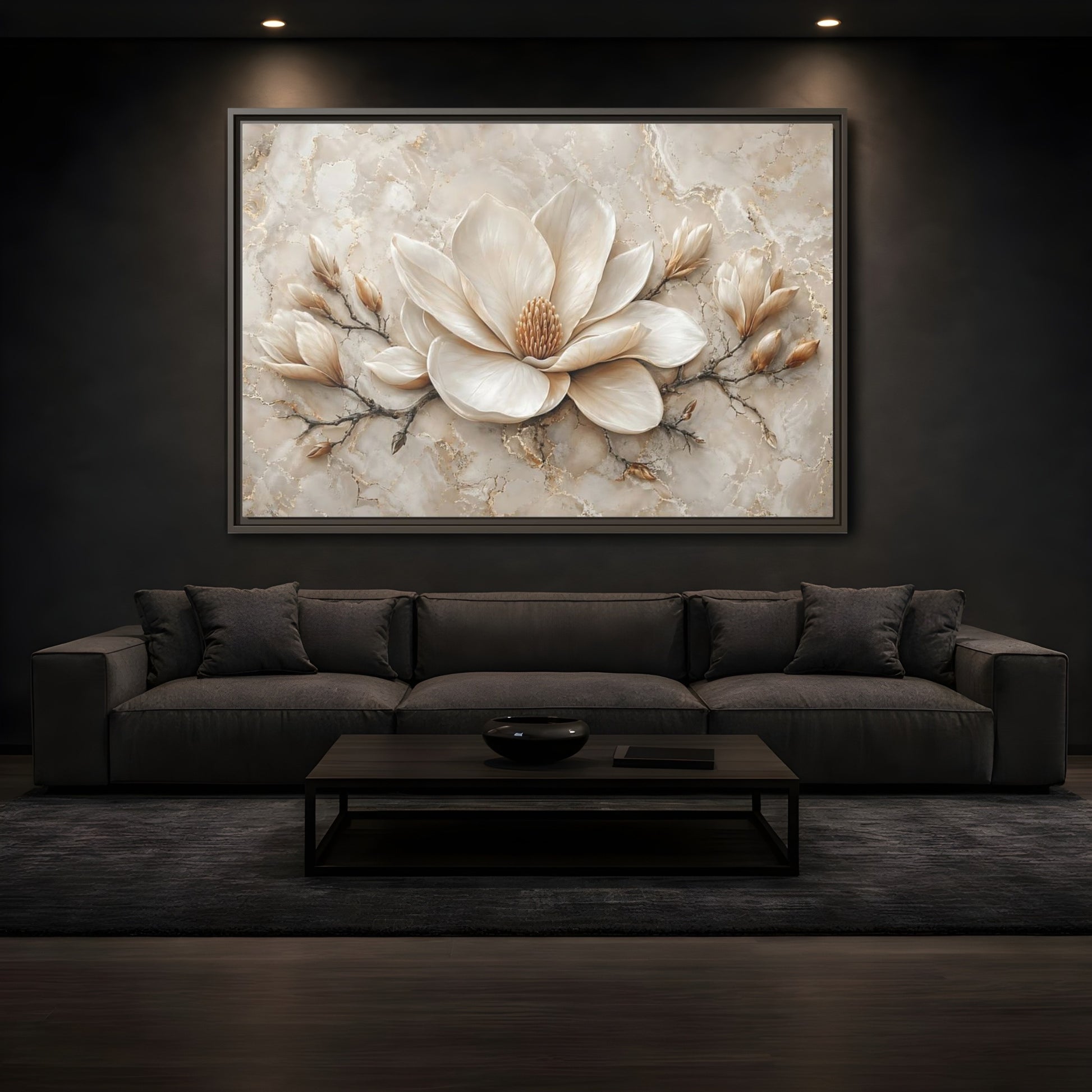 Mockup 3. Floral Magnolia Flower Cream Magnolia shown as stretched canvas wall art