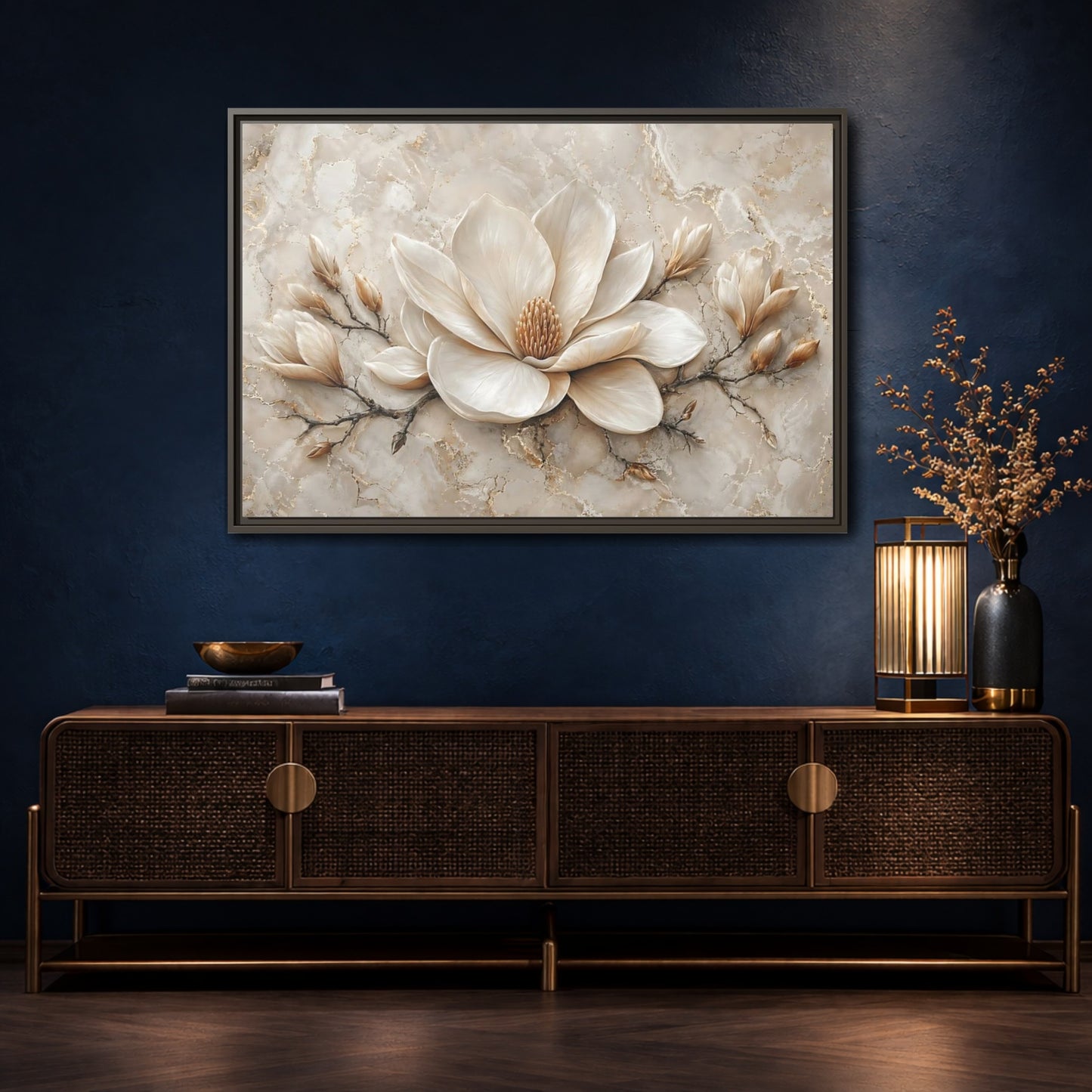 Mockup 4. Floral Magnolia Flower Cream Magnolia shown as stretched canvas wall art