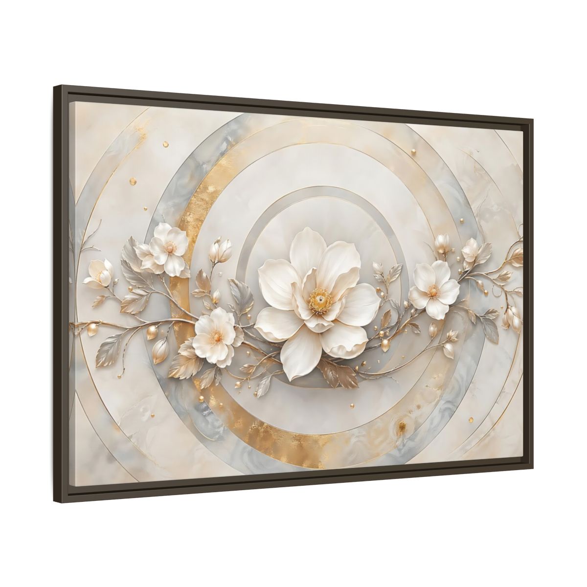 Main Mockup. Floral Magnolia Flower Gold And White Floral shown as stretched canvas wall art
