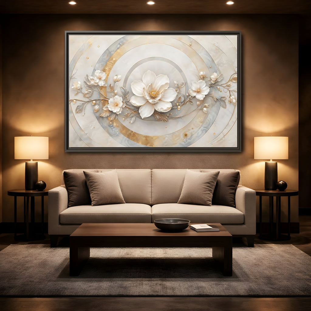 Mockup 2. Floral Magnolia Flower Gold And White Floral shown as stretched canvas wall art
