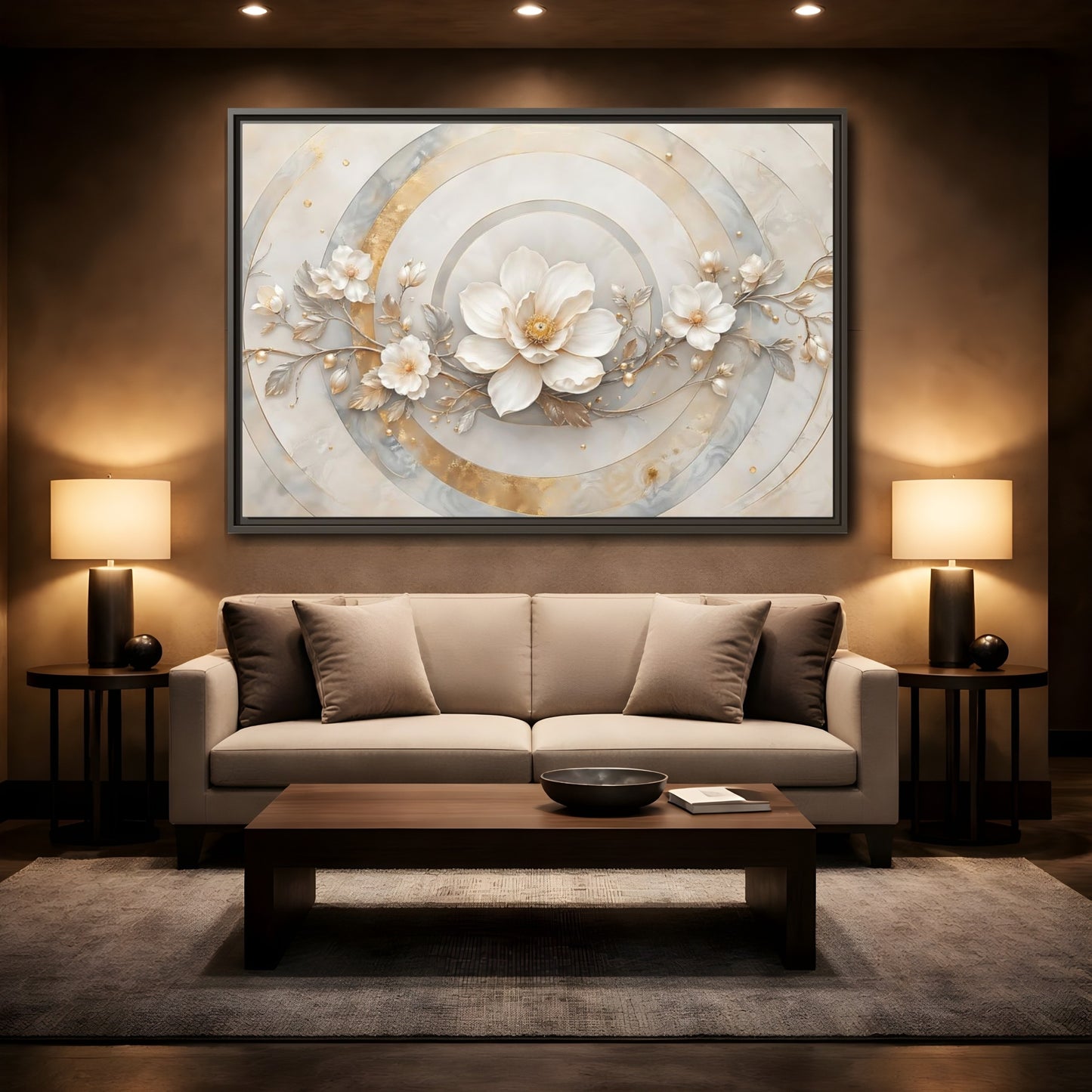 Mockup 2. Floral Magnolia Flower Gold And White Floral shown as stretched canvas wall art