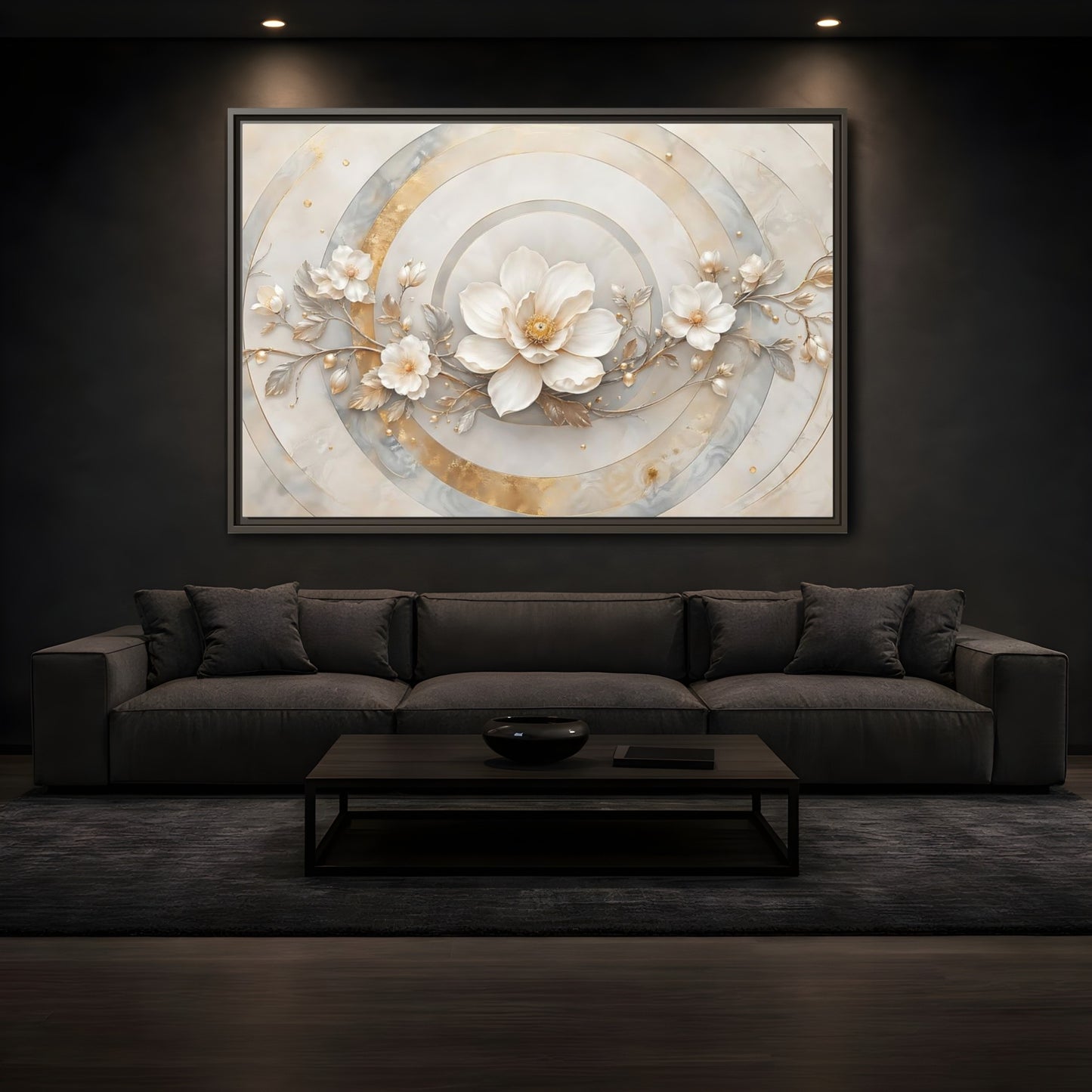 Mockup 3. Floral Magnolia Flower Gold And White Floral shown as stretched canvas wall art