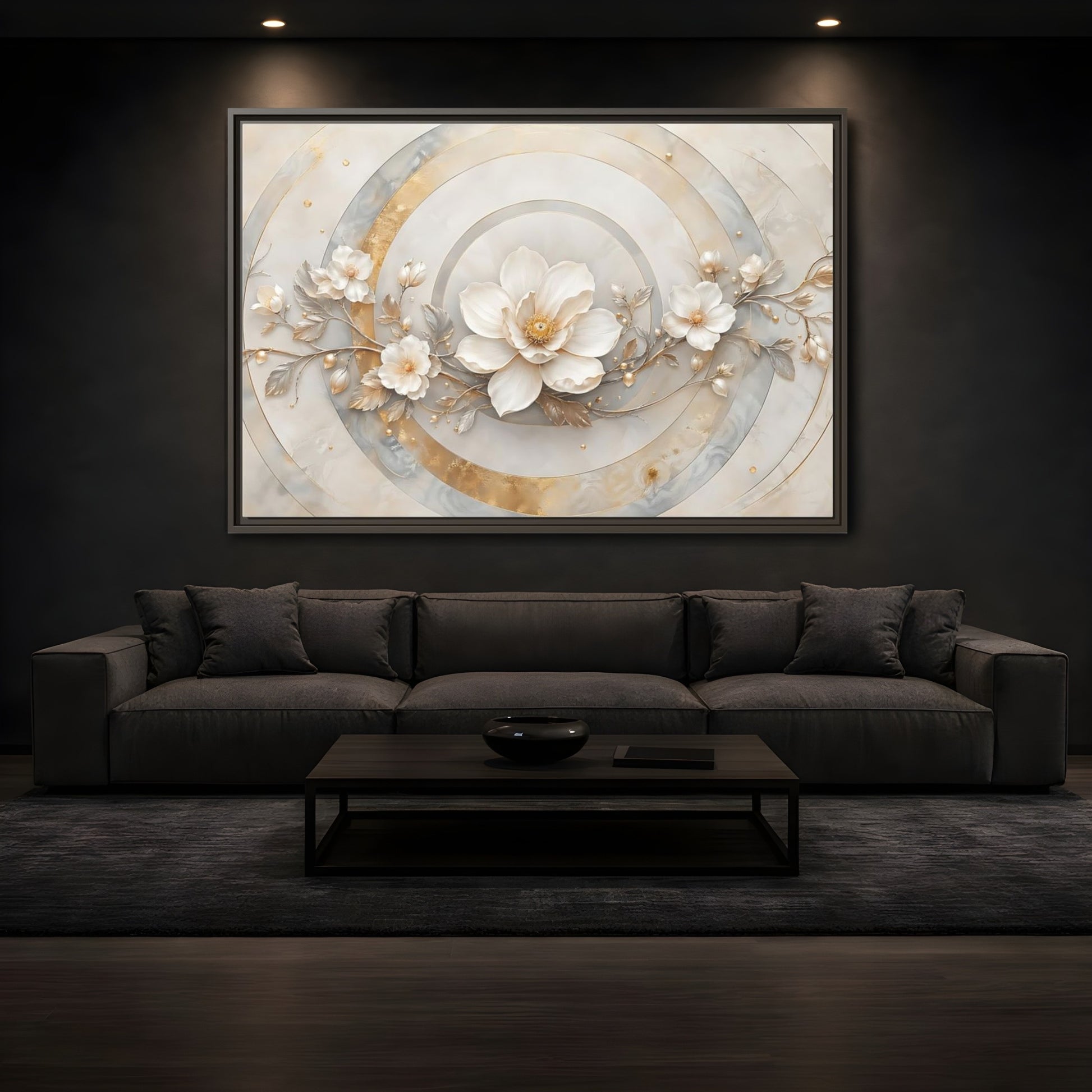 Mockup 3. Floral Magnolia Flower Gold And White Floral shown as stretched canvas wall art