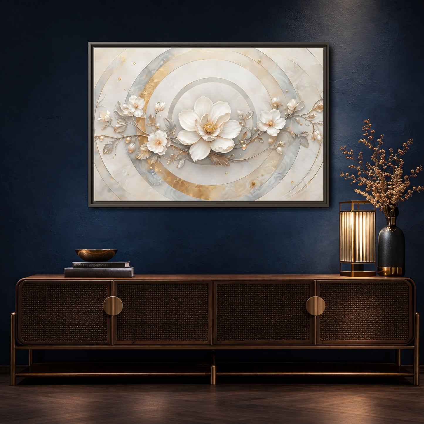 Mockup 4. Floral Magnolia Flower Gold And White Floral shown as stretched canvas wall art