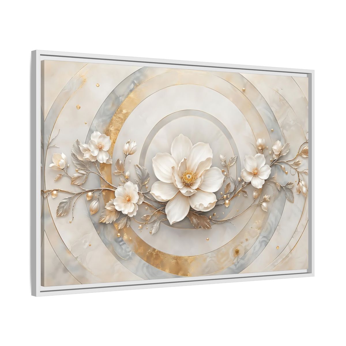 Side Mockup 9. Floral Magnolia Flower Gold And White Floral shown as stretched canvas wall art
