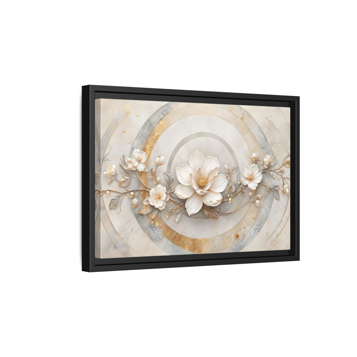 Side Mockup 6. Floral Magnolia Flower Gold And White Floral shown as stretched canvas wall art