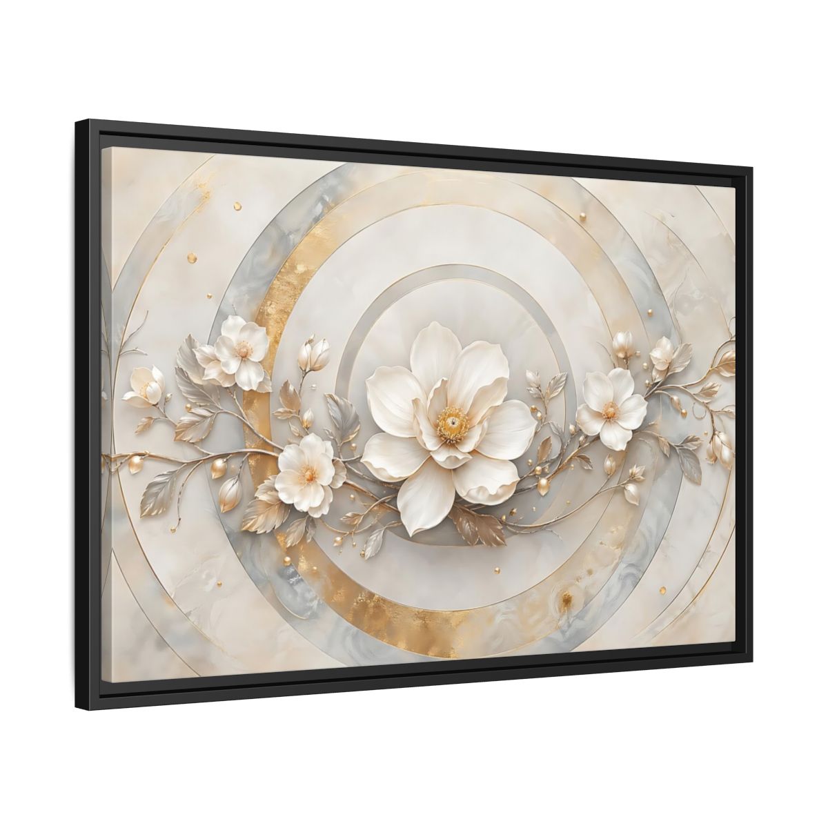 Side Mockup 14. Floral Magnolia Flower Gold And White Floral shown as stretched canvas wall art