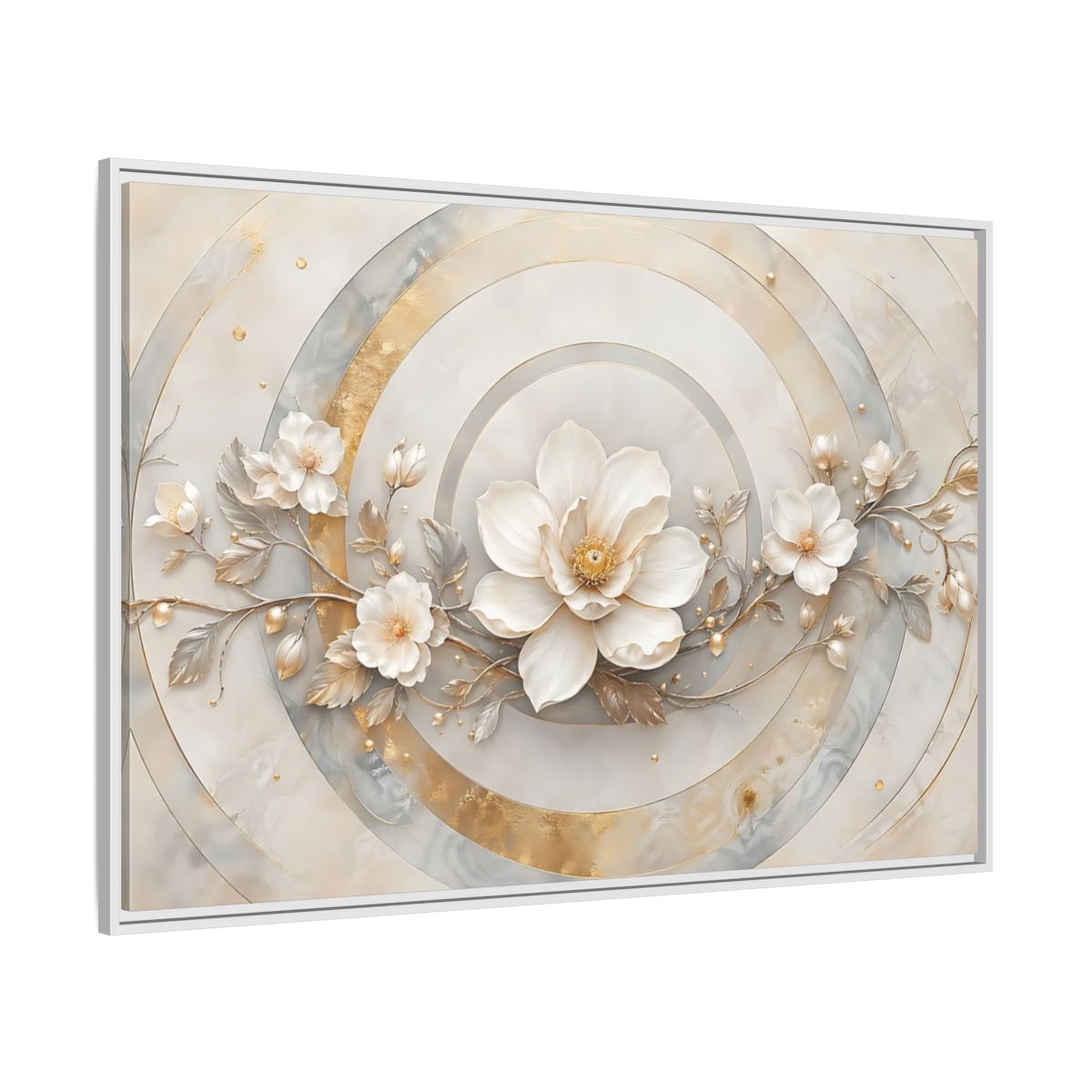 Side Mockup 7. Floral Magnolia Flower Gold And White Floral shown as stretched canvas wall art