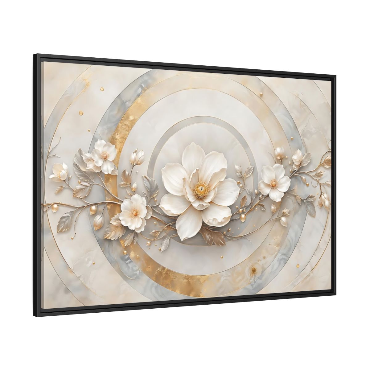 Side Mockup 12. Floral Magnolia Flower Gold And White Floral shown as stretched canvas wall art