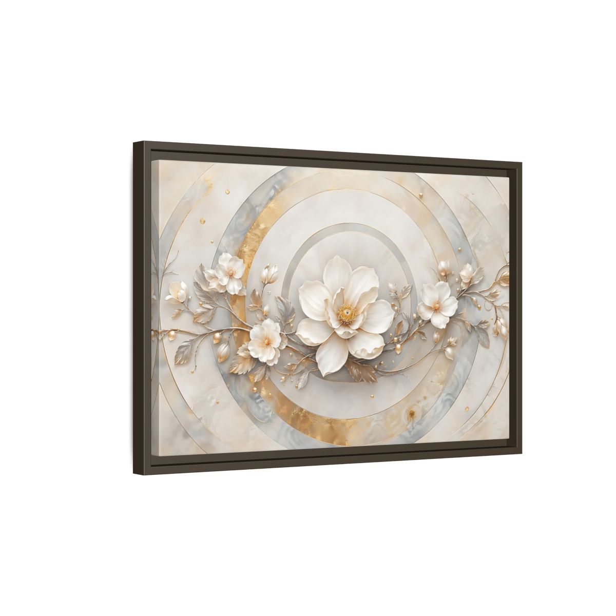 Side Mockup 2. Floral Magnolia Flower Gold And White Floral shown as stretched canvas wall art