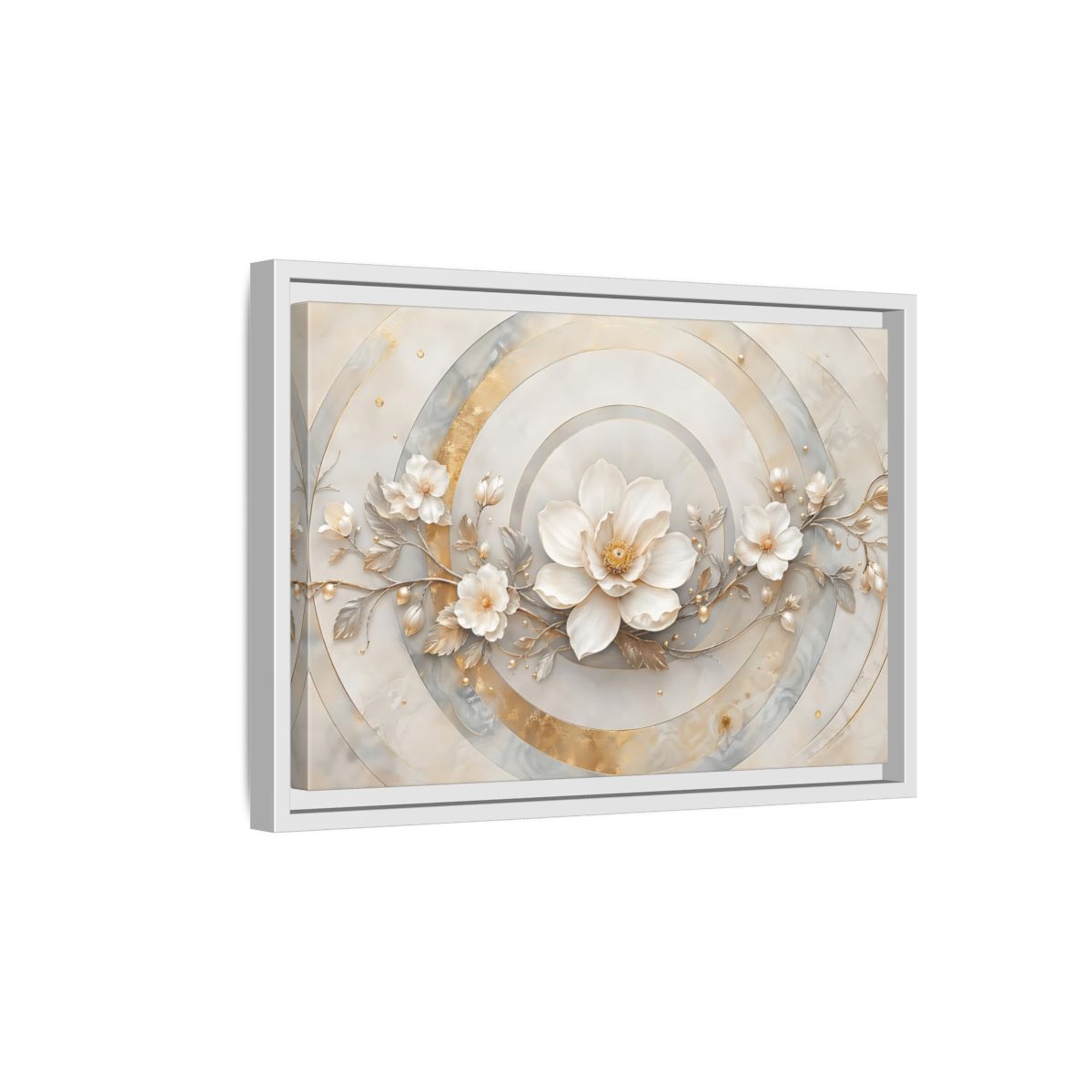 Side Mockup 4. Floral Magnolia Flower Gold And White Floral shown as stretched canvas wall art