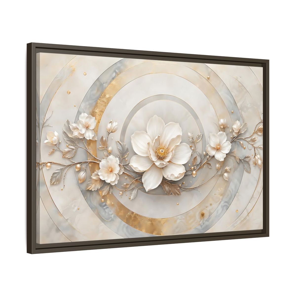 Side Mockup 11. Floral Magnolia Flower Gold And White Floral shown as stretched canvas wall art
