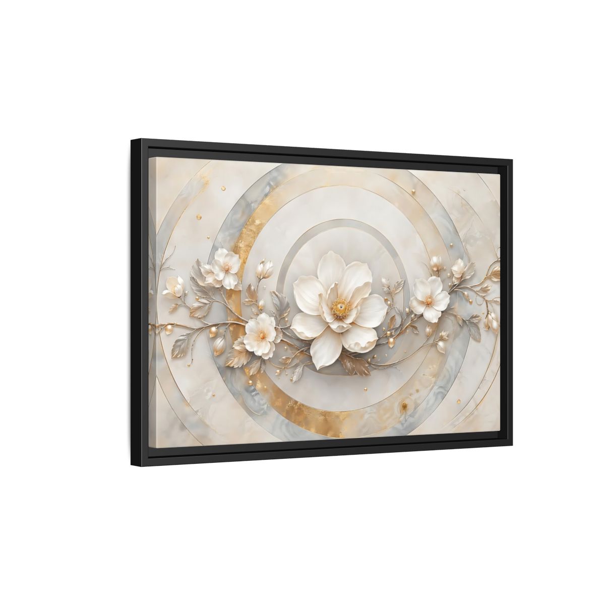 Side Mockup 3. Floral Magnolia Flower Gold And White Floral shown as stretched canvas wall art