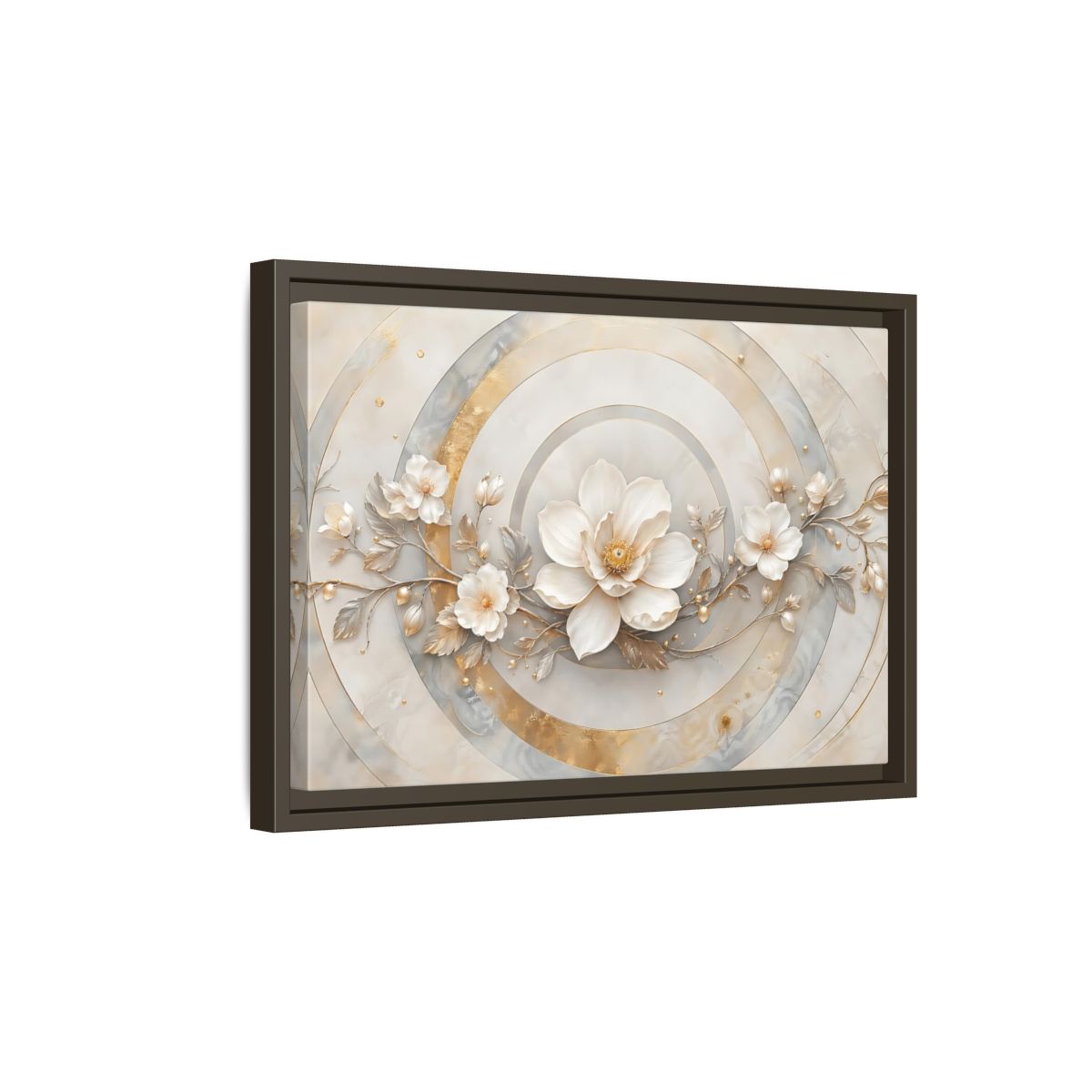 Side Mockup 5. Floral Magnolia Flower Gold And White Floral shown as stretched canvas wall art