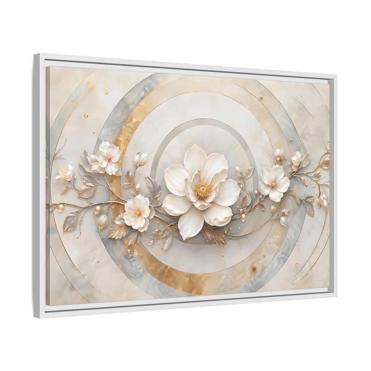 Side Mockup 10. Floral Magnolia Flower Gold And White Floral shown as stretched canvas wall art
