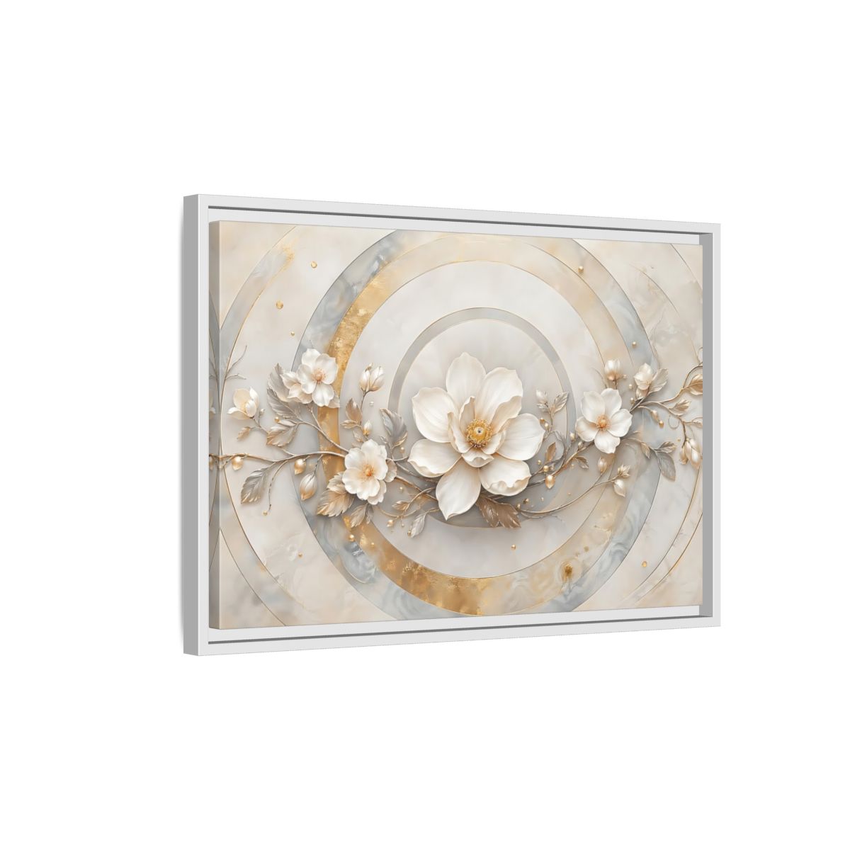 Side Mockup 1. Floral Magnolia Flower Gold And White Floral shown as stretched canvas wall art