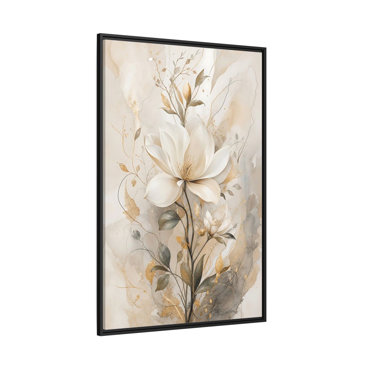 Floral Magnolia Flower Gold Framed Canvas Wall Art - Living Room Above Fireplace shown as canvas wall art
