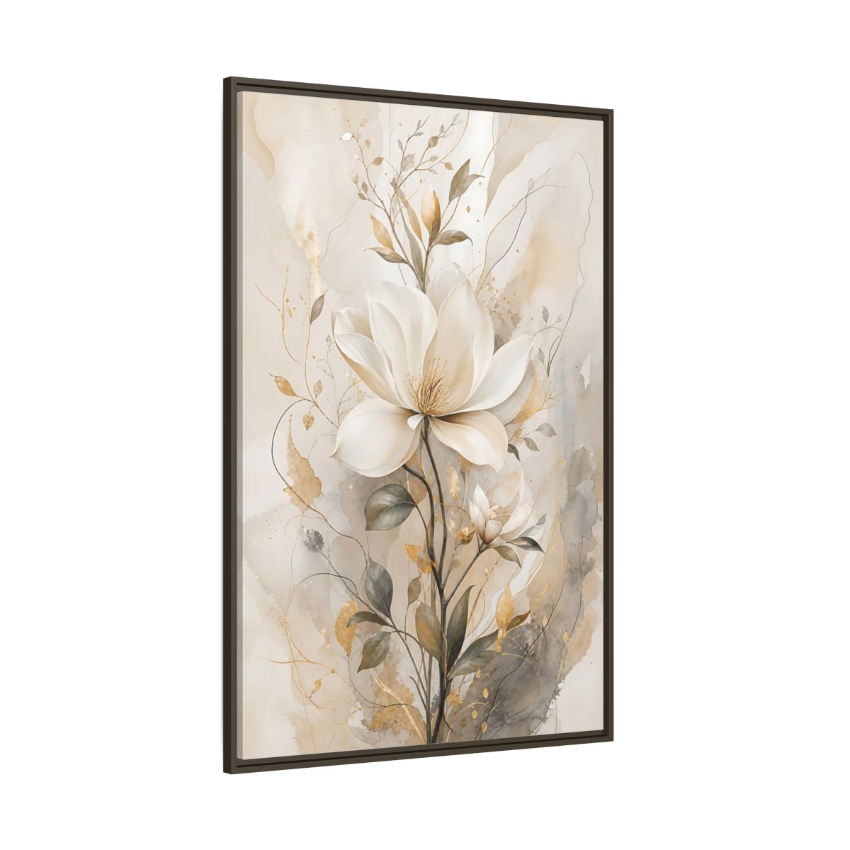 Floral Magnolia Flower Gold Framed Canvas Wall Art - Living Room Above Fireplace shown as canvas wall art