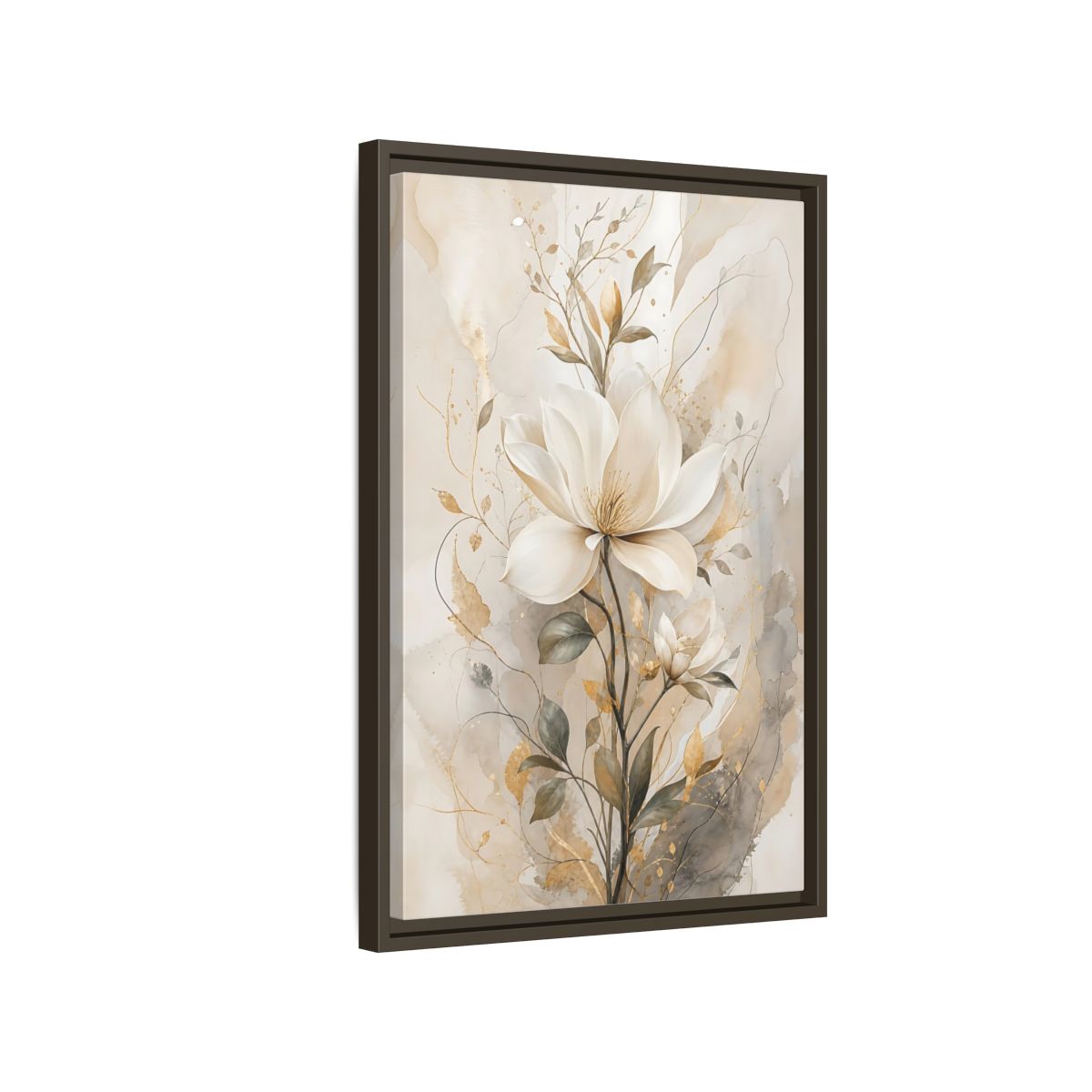 Floral Magnolia Flower Gold Framed Canvas Wall Art - Living Room Above Fireplace shown as canvas wall art