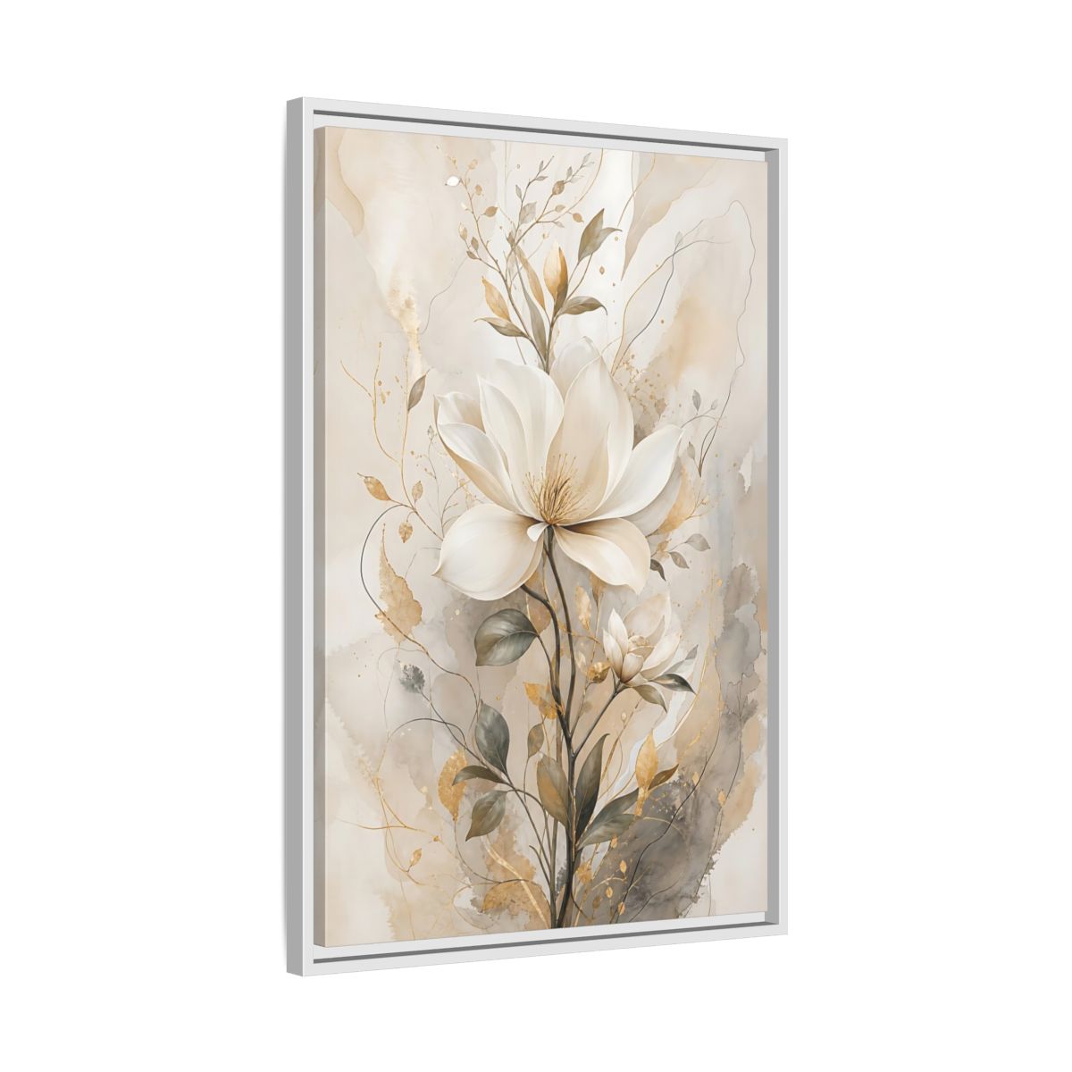 Floral Magnolia Flower Gold Framed Canvas Wall Art - Living Room Above Fireplace shown as canvas wall art
