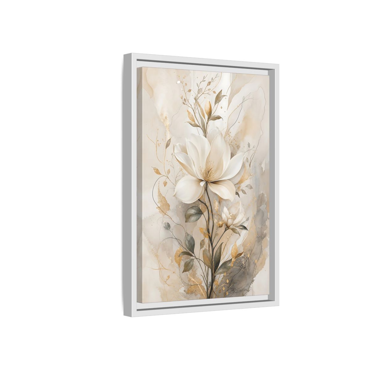 Floral Magnolia Flower Gold Framed Canvas Wall Art - Living Room Above Fireplace shown as canvas wall art