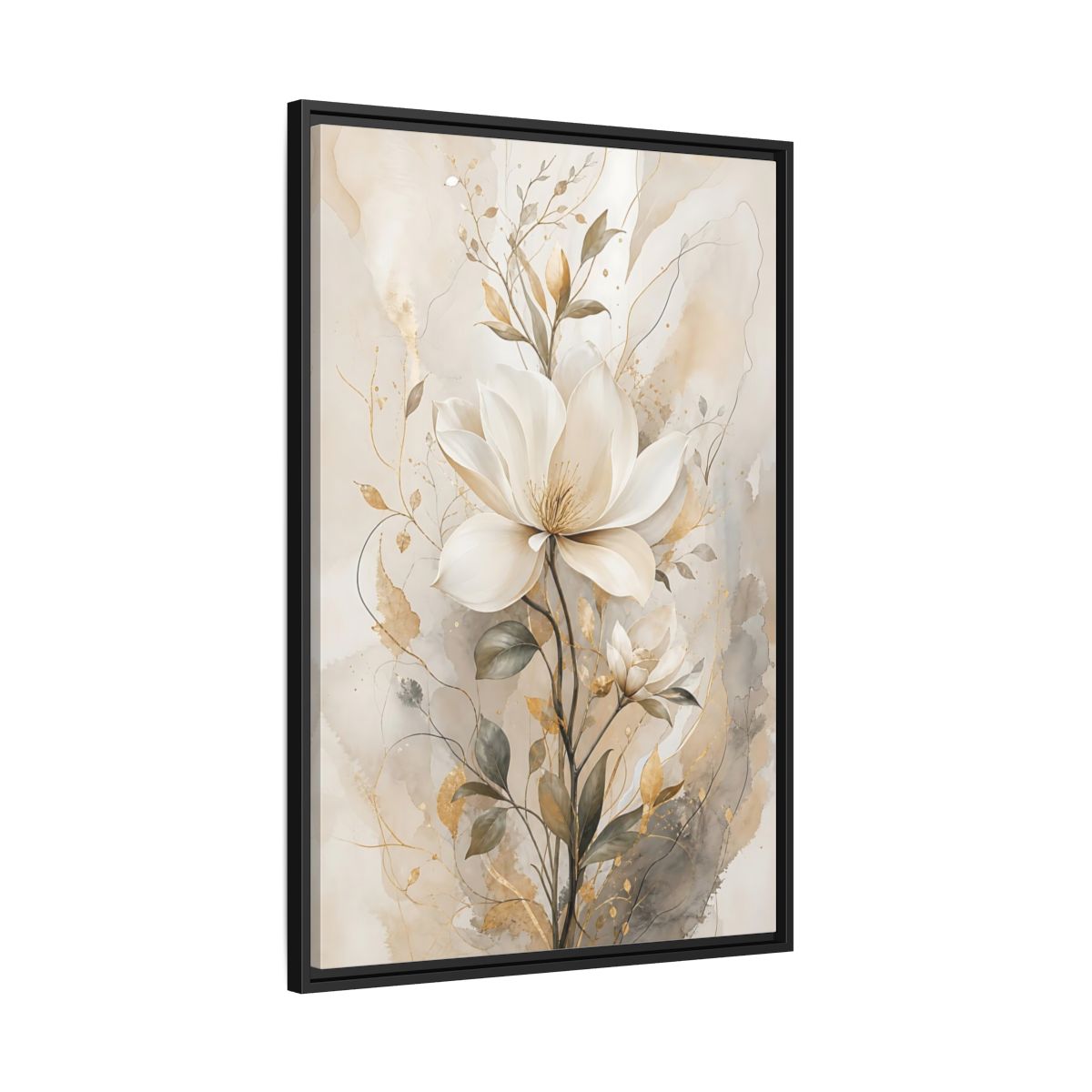 Floral Magnolia Flower Gold Framed Canvas Wall Art - Living Room Above Fireplace shown as canvas wall art