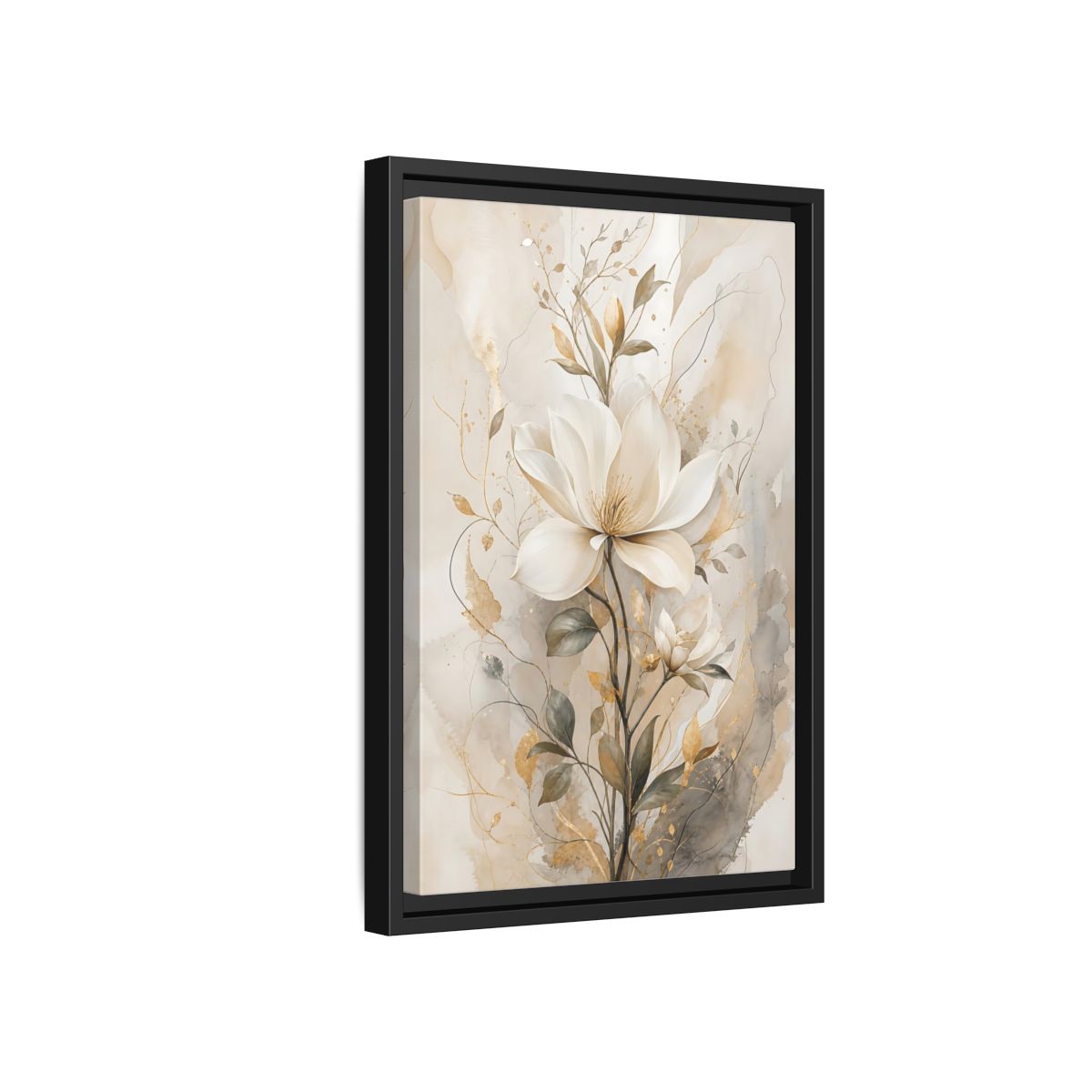 Floral Magnolia Flower Gold Framed Canvas Wall Art - Living Room Above Fireplace shown as canvas wall art