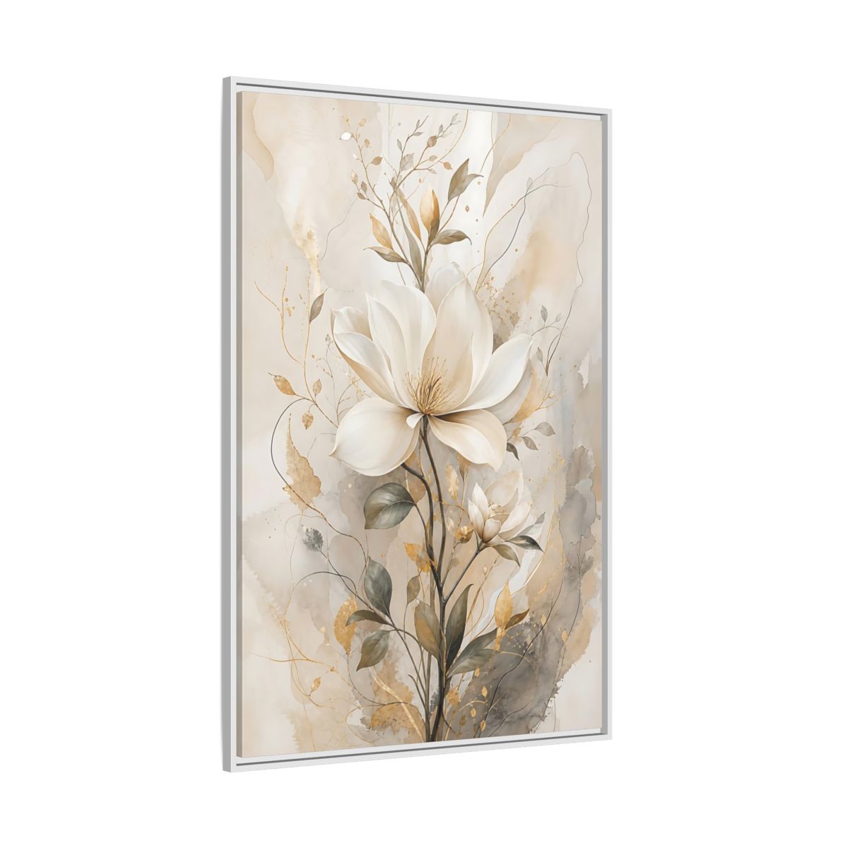 Floral Magnolia Flower Gold Framed Canvas Wall Art - Living Room Above Fireplace shown as canvas wall art