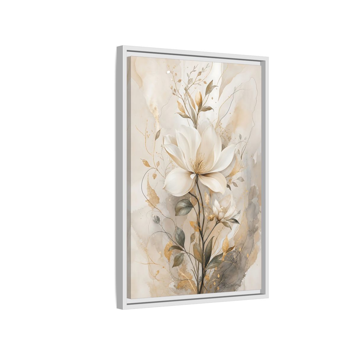 Floral Magnolia Flower Gold Framed Canvas Wall Art - Living Room Above Fireplace shown as canvas wall art