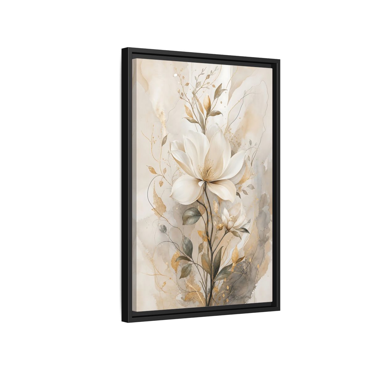 Floral Magnolia Flower Gold Framed Canvas Wall Art - Living Room Above Fireplace shown as canvas wall art