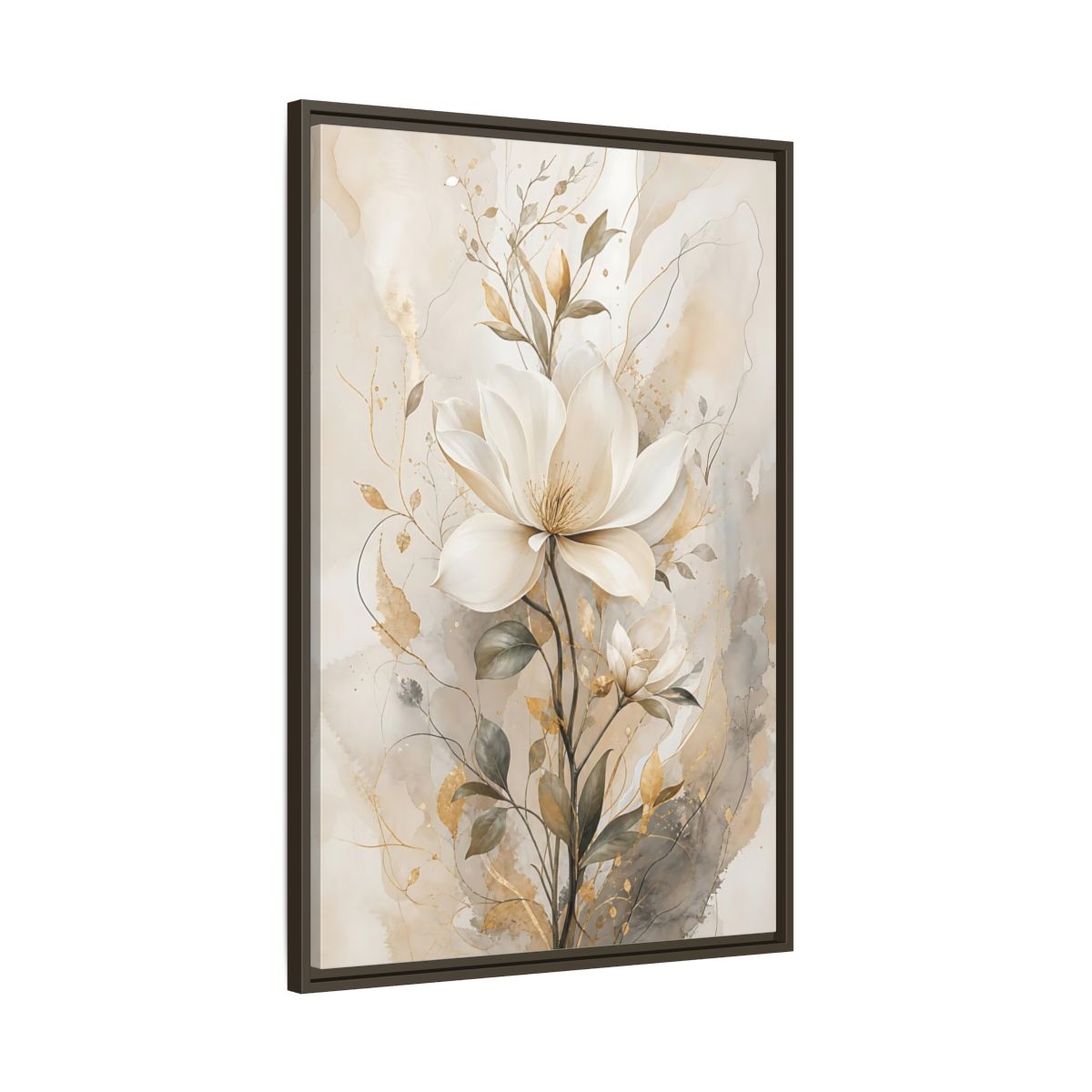 Floral Magnolia Flower Gold Framed Canvas Wall Art - Living Room Above Fireplace shown as canvas wall art
