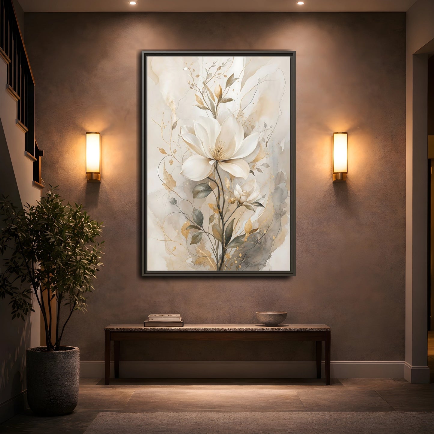 Floral Magnolia Flower Gold Framed Canvas Wall Art - Living Room Above Fireplace shown as canvas wall art
