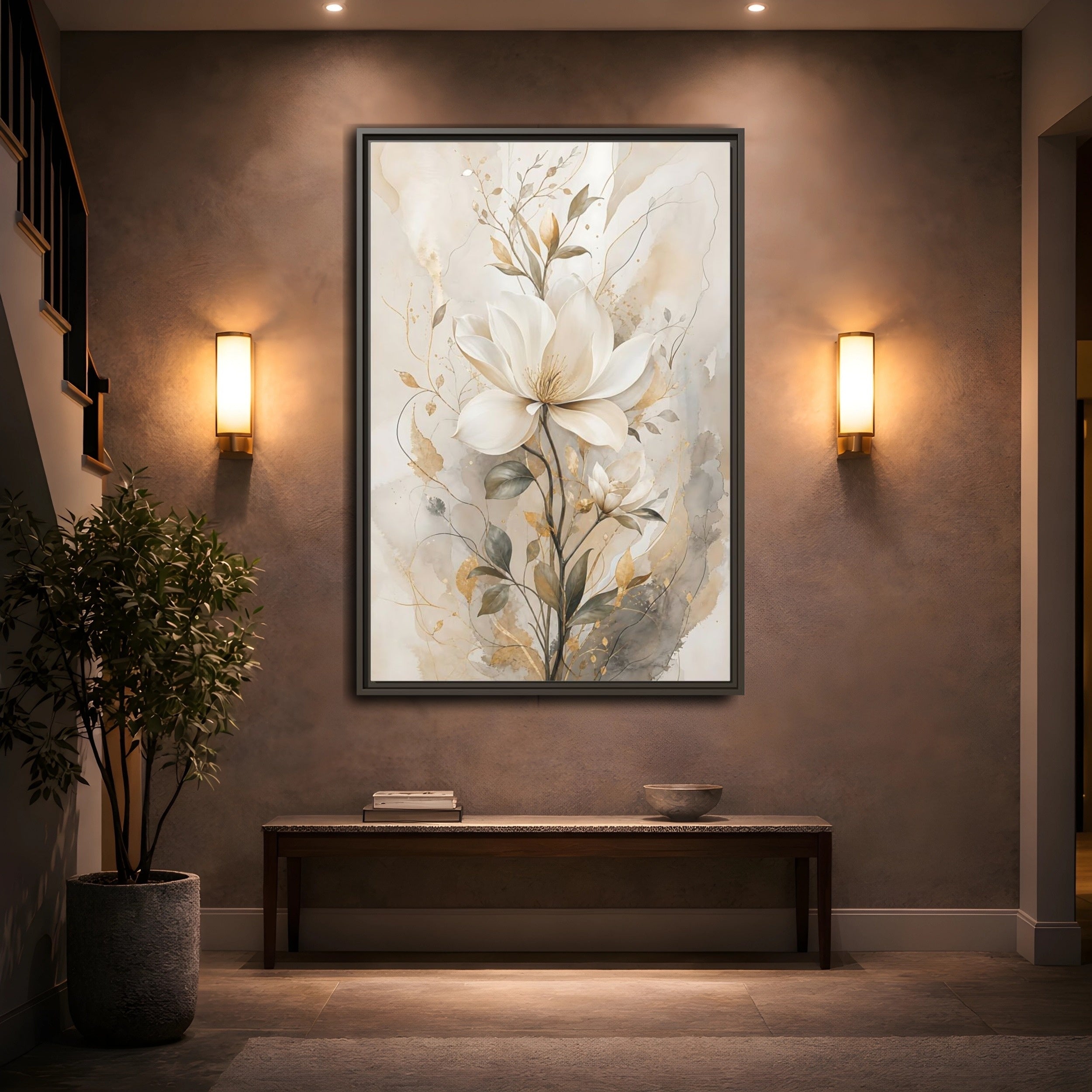 Mockup 2. Floral Magnolia Flower Magnolia Gold shown as stretched canvas wall art