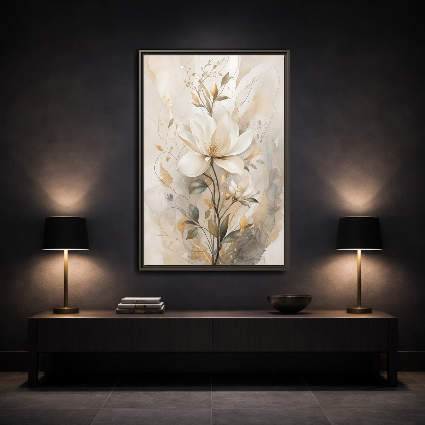 Floral Magnolia Flower Gold Framed Canvas Wall Art - Living Room Above Fireplace shown as canvas wall art