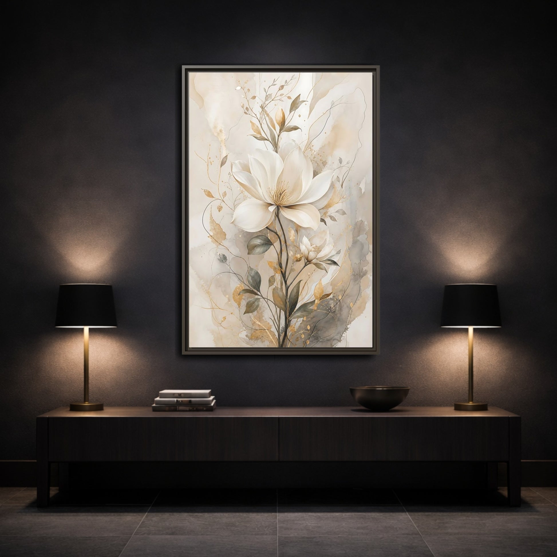 Floral Magnolia Flower Gold Framed Canvas Wall Art - Living Room Above Fireplace shown as canvas wall art