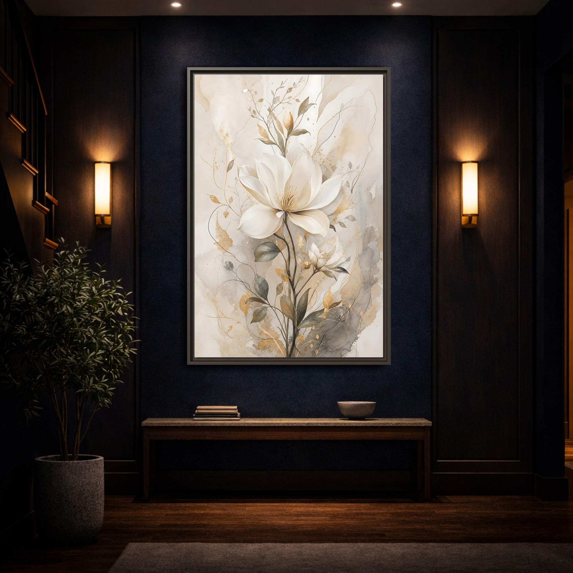 Floral Magnolia Flower Gold Framed Canvas Wall Art - Living Room Above Fireplace shown as canvas wall art