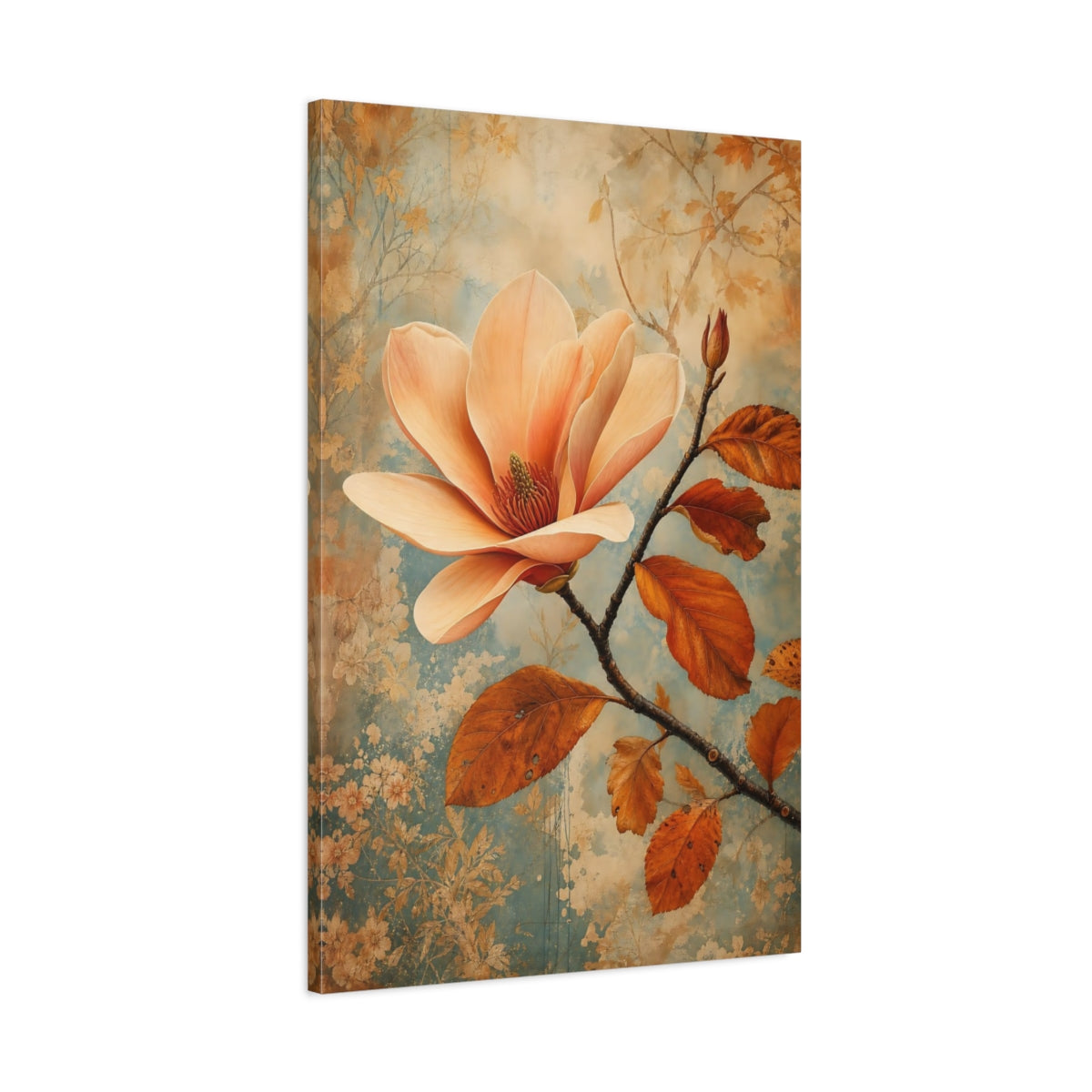 Main Mockup. Floral Magnolia Flower Peach And Blue shown as stretched canvas wall art