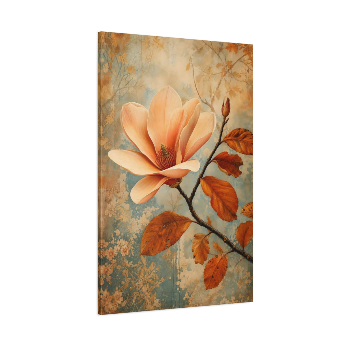 Side Mockup 1. Floral Magnolia Flower Peach And Blue shown as stretched canvas wall art