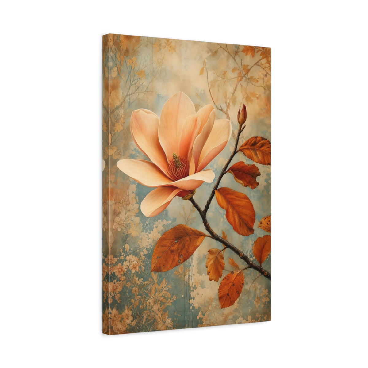 Side Mockup 3. Floral Magnolia Flower Peach And Blue shown as stretched canvas wall art
