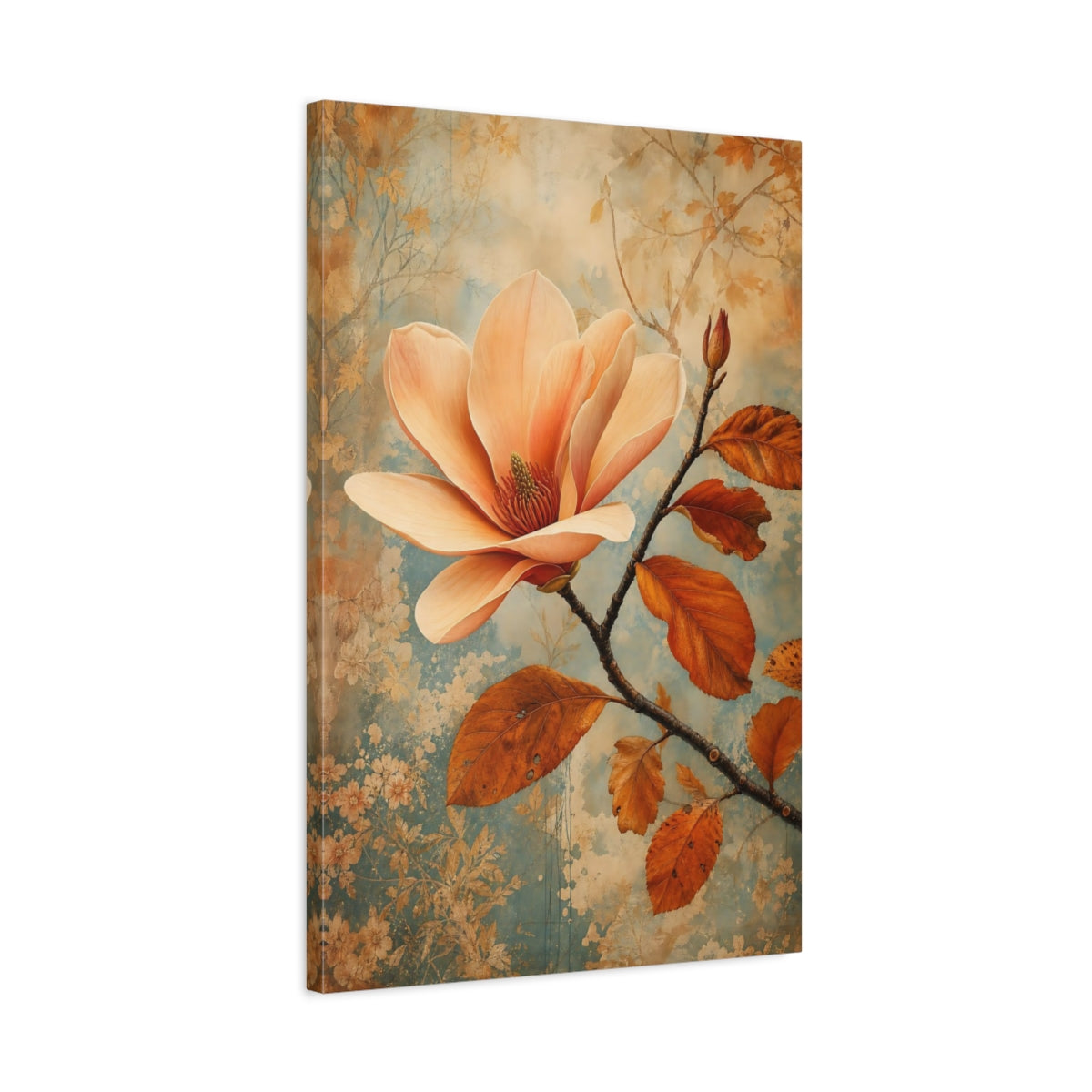 Side Mockup 2. Floral Magnolia Flower Peach And Blue shown as stretched canvas wall art